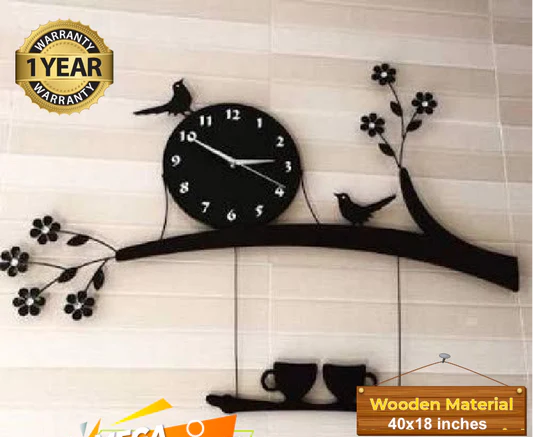 Large wooden hanging cups with tree branch clock