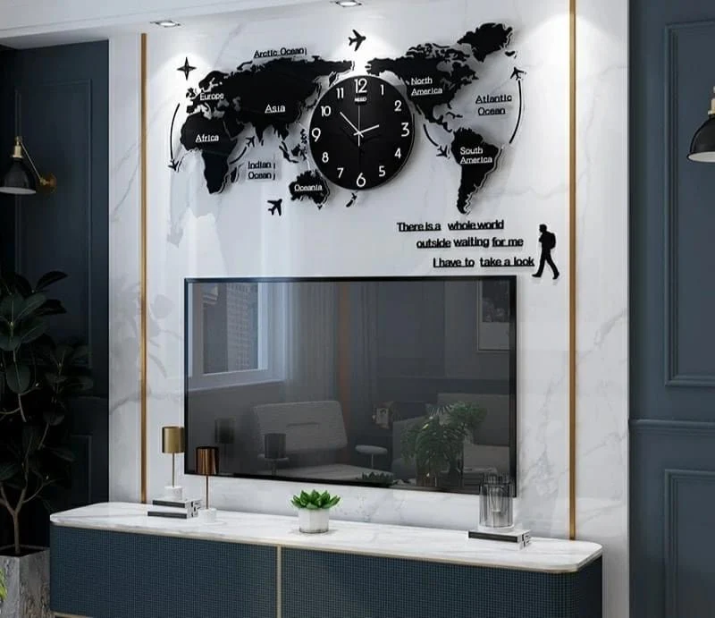 3D Digital World Map Wooden Wall Clock