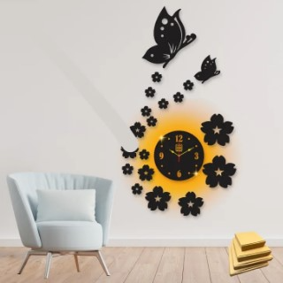 3d wall clock | Wall Clock With Wooden Butterflies , Flowers with light